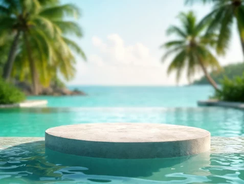Elegant Podium in Clear Water with Palm Trees in Soft Focus