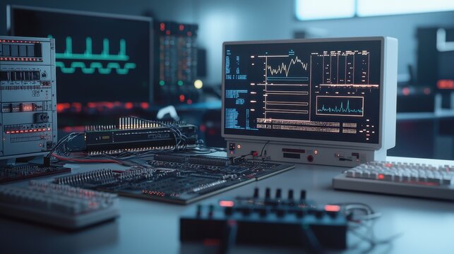 High-Tech Electronic Diagnostics Workspace with Futuristic Computer and Equipment Features