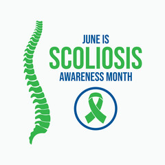 June is Scoliosis Awareness Month poster vector illustration. Human spine green silhouette icon vector. Green awareness ribbon symbol. Template for background, banner, card. Important day