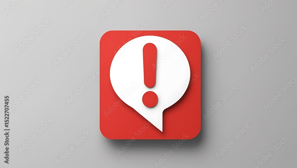 Poster red square alert icon with exclamation mark in white speech bubble isolated on transparent backgroun
