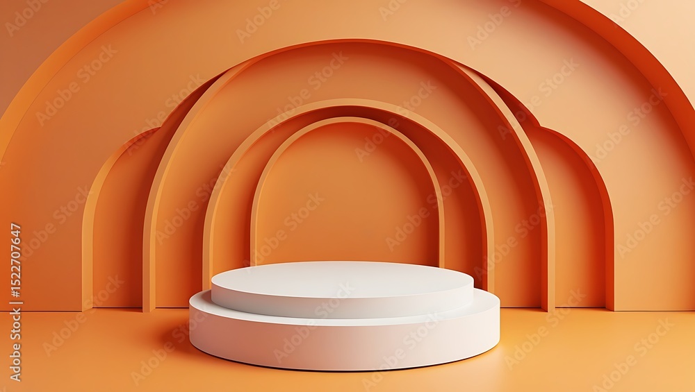 Poster abstract orange arch background with white two tiered display stand isolated on transparent backgrou