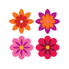 Colorful floral arrangement of four simple flowers in bright vibrant colors with white background