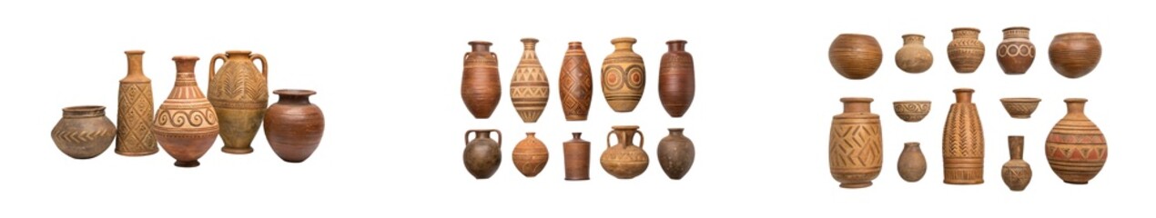 Collection of Assorted Antique Pottery and Vases with Varied Shapes and Patterns transparent background