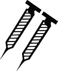 A pair of stylized syringes or injectors medical icon graphic