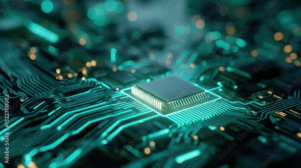 Poster closeup of a high tech circuit board with processor chip