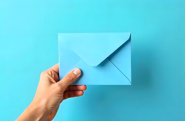Blue envelope in hand on blue background close-up view 