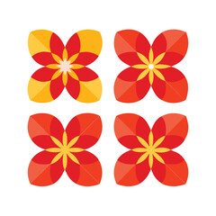 Four abstract flower designs with red and yellow petals arranged on a white background