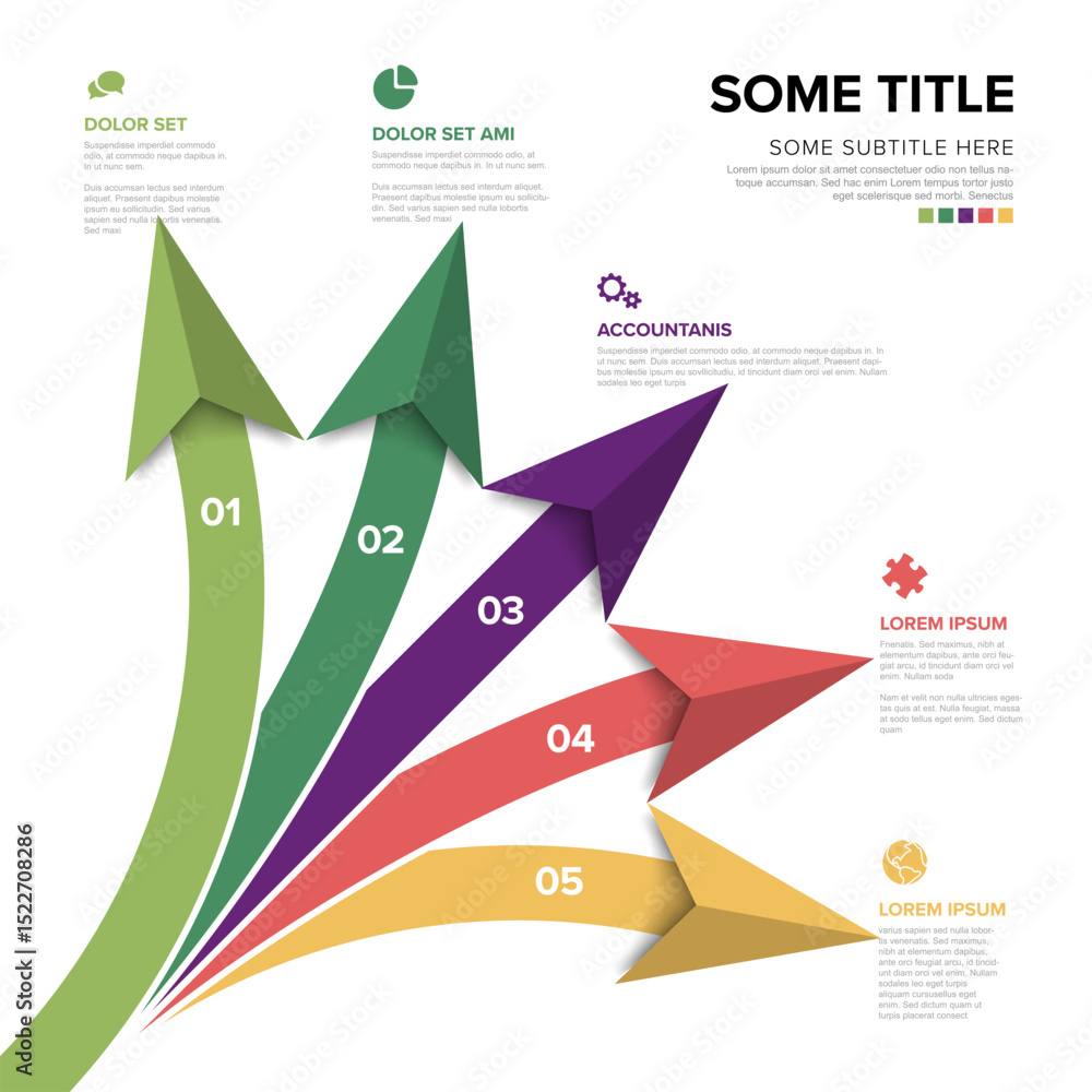 Poster a clear and colorful infographic showing five steps with numbered arrows. this modern visual infogra