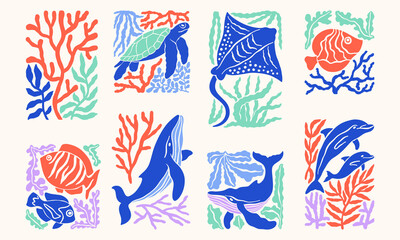 Underwater ocean animals bright simple illustrations set. Sea turtle, stingray, whales, dolphins, fishes, seaweeds, corals vector prints