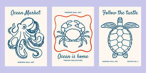 Ocean animals vector posters set. Minimalist retro sea print designs with outline octopus, turtle, crab illustrations