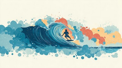 Stylized Surfer riding a crashing wave with artistic cloud-like elements