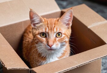 Fototapeta premium Portrait of a funny little orange cat looking out of the box with copy space
