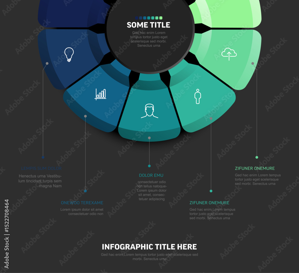 Poster modern circular infographic template featuring colorful segments with icons and text placeholders fo