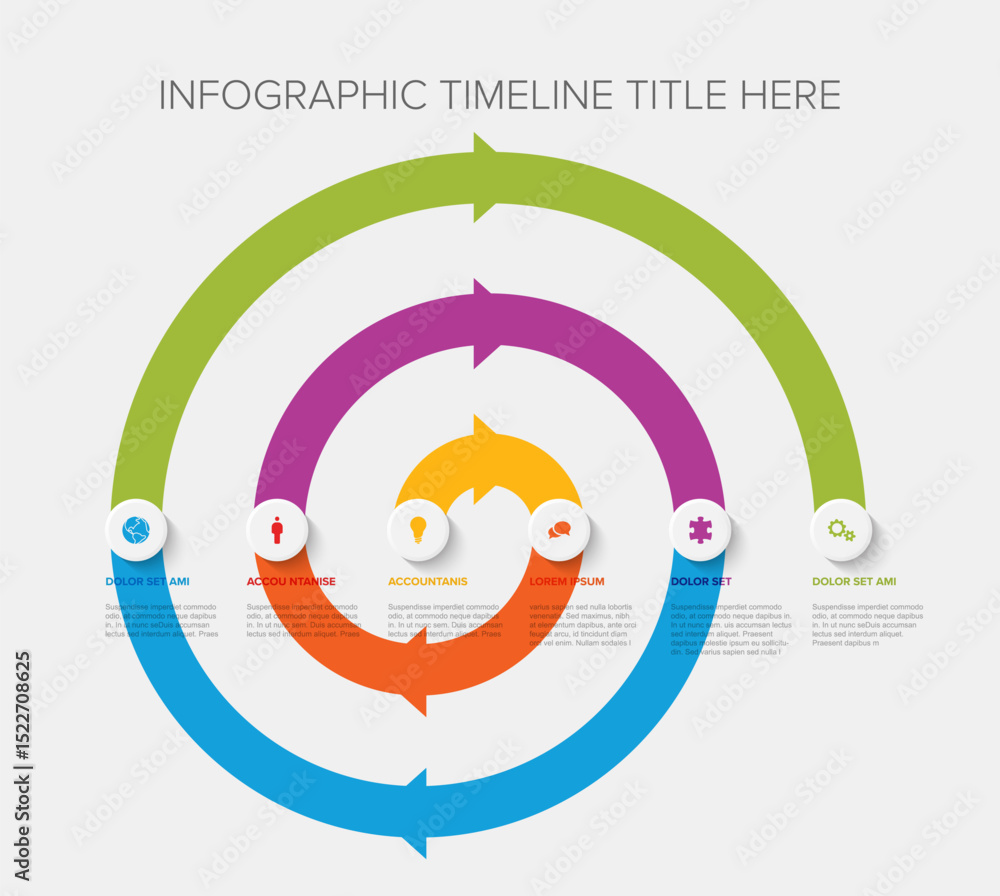Poster visually appealing infographic timeline chart featuring a colourful spiral process with six steps. i