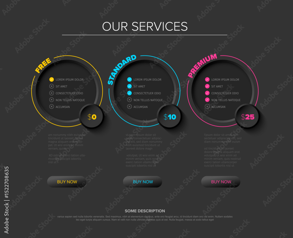 Poster a modern pricing table design for web pages. this web design element features three service plans: f