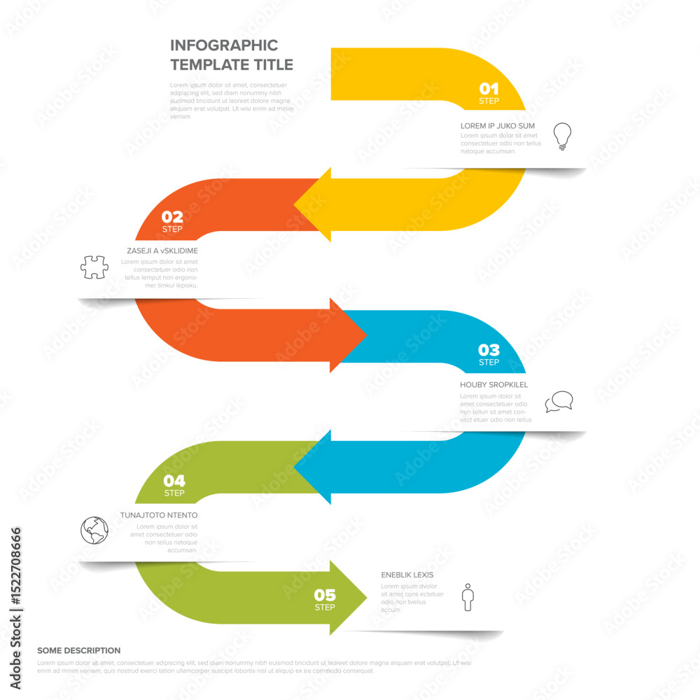 Poster colorful infographic template with a process diagram with 5 outlined steps. it is ideal for visualiz