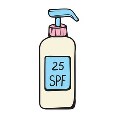 A jar of sunscreen cream with a dispenser. Simple hand drawn vector doodle illustration isolated on white background for print, icon, sticker