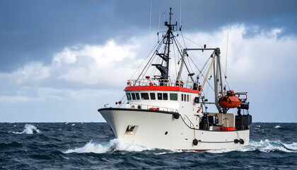 Fototapeta premium White Fishing Boat with Crane and Crew on Overcast Ocean