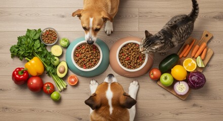 Naklejka na ściany i meble Fill your home with healthy pets Cats enjoy delicious food from bowls, including fruits and vegetables. Good nutrition leads to happy animals.
