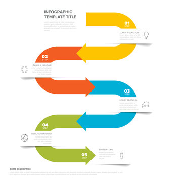 Colorful infographic template with a process diagram with 5 outlined steps. It is ideal for visualizing a business flow or educational concept using this infographic template and process diagram.