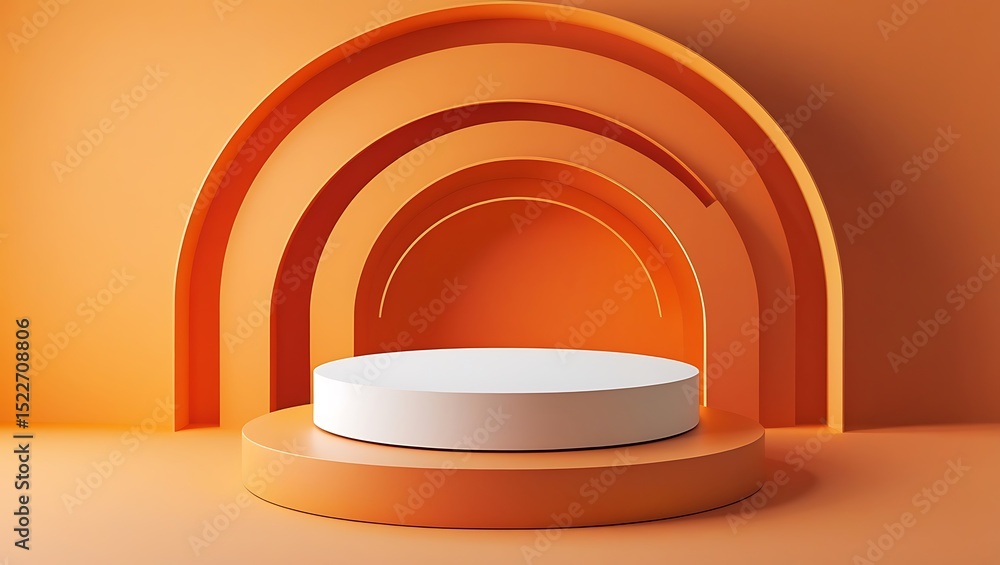 Poster abstract orange arch background with white cylinder display stand isolated on transparent background