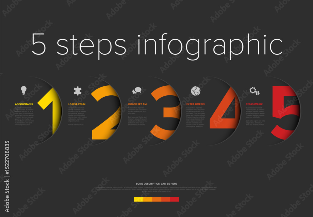 Poster modern business infographic template with numbered steps 1 to 5 on a dark background layout. this ve