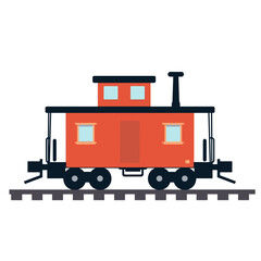Illustration of a Red Caboose Train Car on Railroad Tracks, Flat Design Style