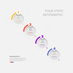 This four steps infographic template is a modern design for visualizing a business process. Use this clear infographic template to illustrate steps and process flows.