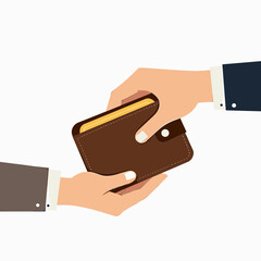 Illustration of Two Hands Exchanging a Brown Leather Wallet, Representing Financial Transaction and Payment