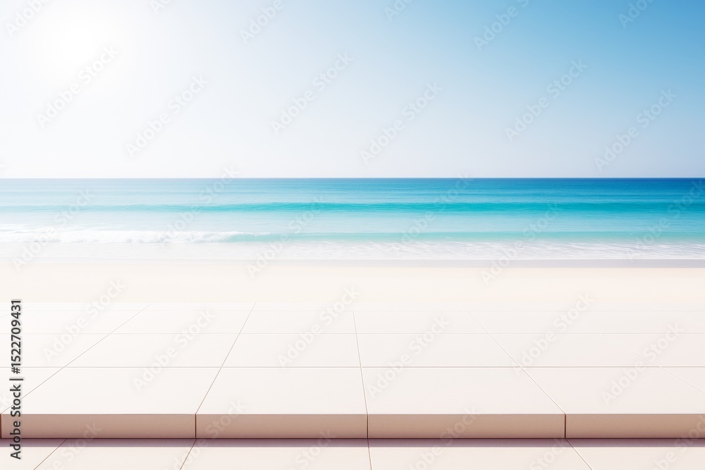 Poster minimalist white tiled terrace facing calm turquoise ocean under clear blue sky with soft sunlight a