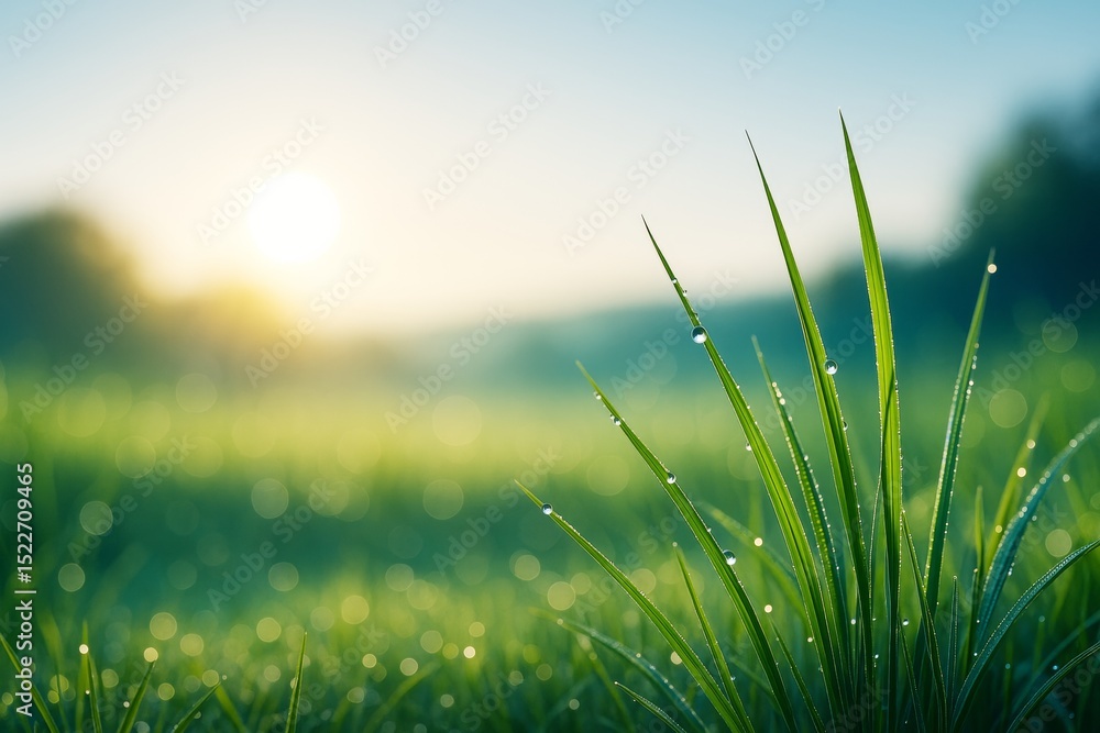 Poster close-up of fresh dewy grass blades in soft morning sunlight with blurred nature background for tran