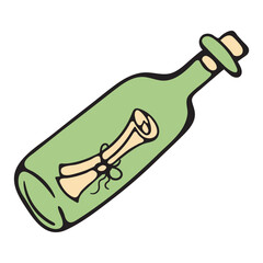 Pirate bottle with a note inside. Simple hand drawn vector doodle illustration isolated on white background for print, icon, sticker
