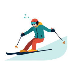 Obraz premium Cartoon Illustration of a Skier in Action on a Snowy Slope with Ski Poles and Winter Gear