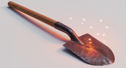 Enchanted Shovel with Floral Etching and Butterfly Spirits on Pale Background