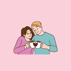 This adorable illustration features couple, the lovers cartoon each half of a heart  puzzle piece, the lovers cartoon emotional connection and the lovers a soft pink background with floating hearts a