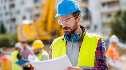 Construction worker reviewing blueprints at a building site during the day with coworkers in the background