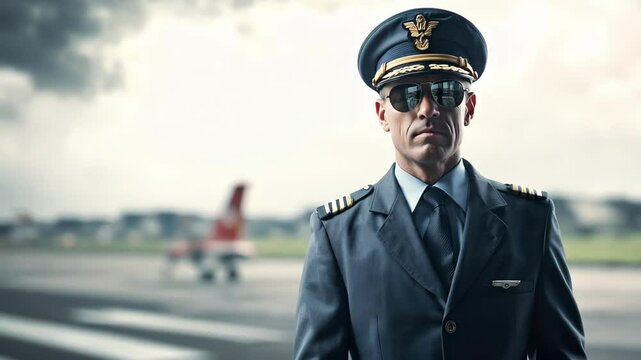 Confident male pilot standing on runway with stormy skies and airplane in background