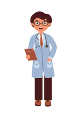 Doctor character standing confidently with tablet in cartoon style illustration. Vector illustration isolated on white background.
