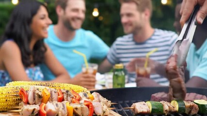 A diverse group of four friends enjoying a barbecue outdoors. Two men and two women are laughing and sharing food. Grilled skewers and corn are in the foreground. - Powered by Adobe