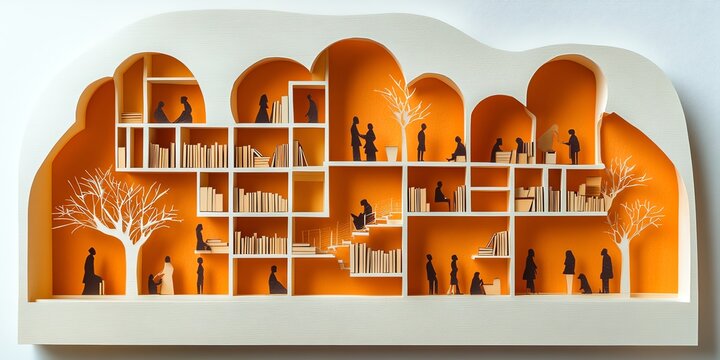 Visually striking paper cut representation of an inclusive library setting that promotes education access and knowledge sharing for people of all ages within a community