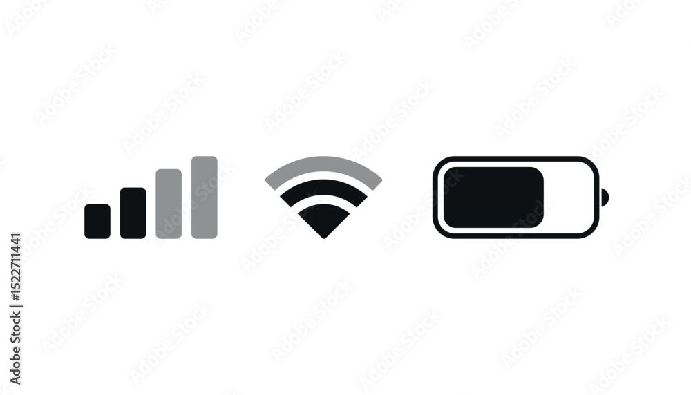 Poster vector phone mobile signal icons. set of wi-fi, mobile network, and battery status symbols. flat vec
