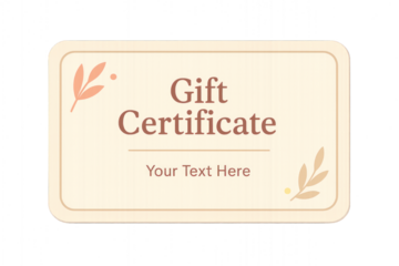 Gift certificate template featuring elegant and modern design, with customizable text space and decorative elements in gold and pastel colors. Isolated on transparent background.