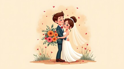 Romantic cartoon wedding couple embracing with flowers. Happy bride and groom illustration. Best for wedding invitations, greeting cards, and love-themed designs.
