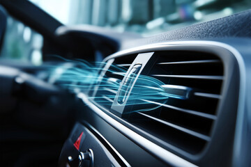 Modern car interior showcasing efficient air conditioning with cool breeze and futuristic lighting effects