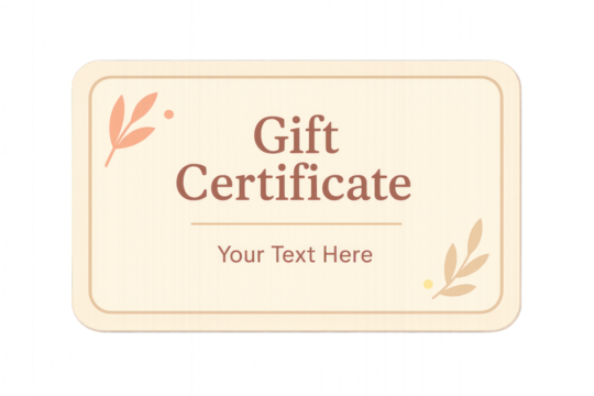 Gift certificate template featuring elegant and modern design, with customizable text space and decorative elements in gold and pastel colors. Isolated on transparent background.