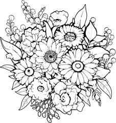 Lush Bouquet with Various Flowers and Berries Coloring Page

