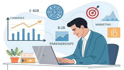 B2B business strategy concept. Businessman working with B2B virtual on laptop, conceptualizing strategy, partnership, targets in business to business services. E-commerce, B2B