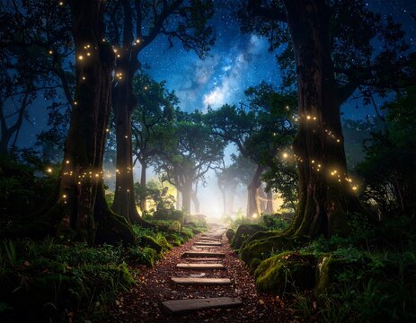 Mystical forest path at night (1) - Powered by Adobe