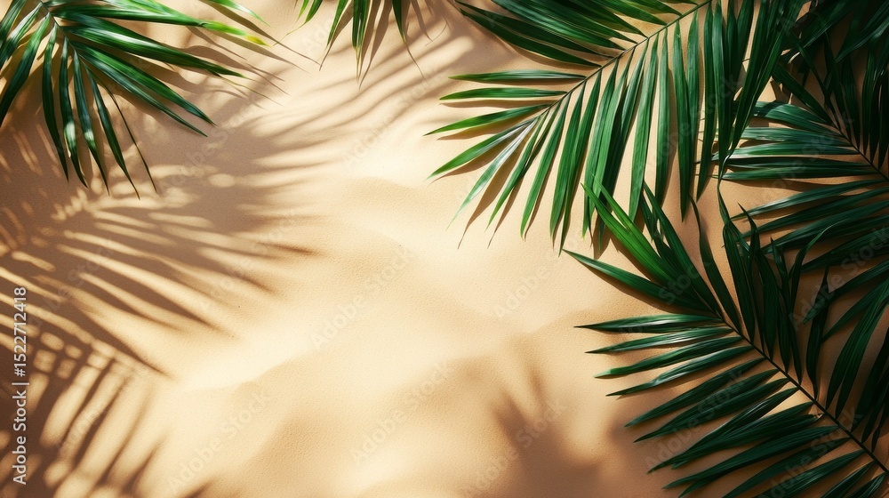 Aufkleber green tropical leaf shadows create a calming atmosphere on a sandy surface during daylight hours
