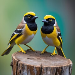 Naklejka premium Two yellow birds stand on a tree stump